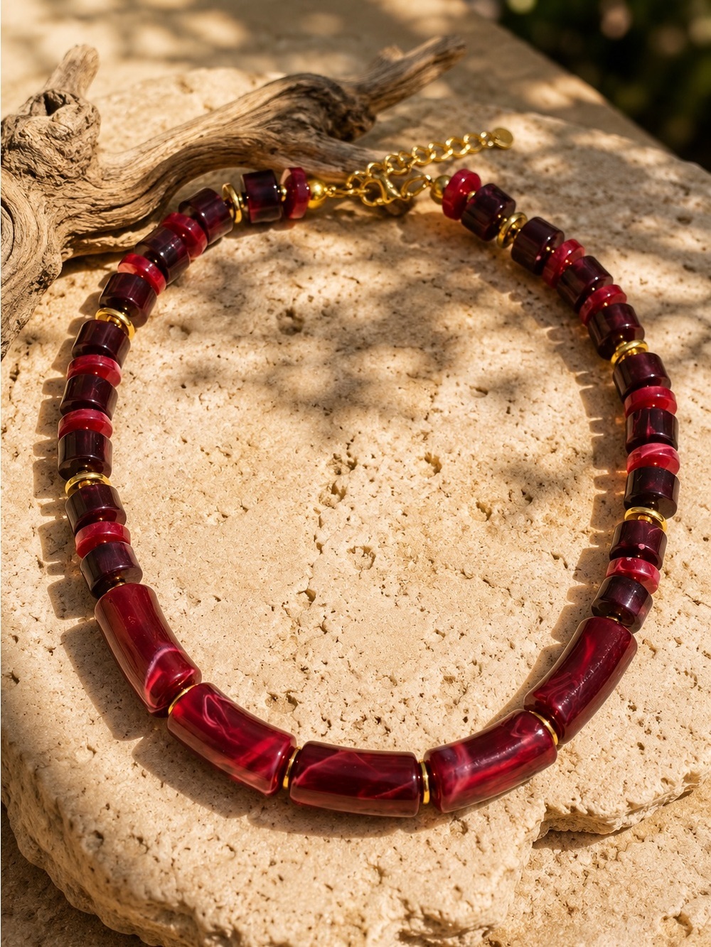 Maroon and Wine Beaded Necklace with Gold Accents